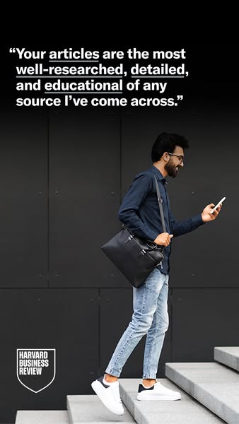 This ad features a testimonial from a reader of Harvard Business Review, emphasizing the well-researched, detailed, and 