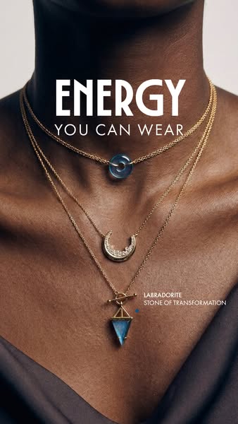 An ad featuring three necklaces from a jewelry brand, all with blue stone pendants. The ad copy focuses on the feeling o