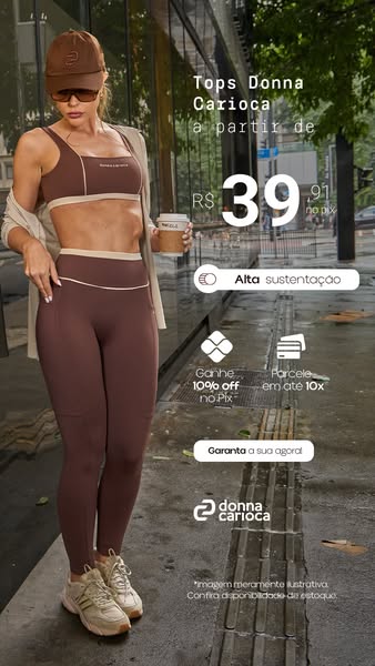 An image ad features a woman wearing a matching workout set from Donna Carioca, highlighting the brand's focus on st