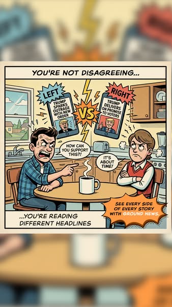 This ad for Ground News uses a comic book art style to illustrate the problem of political polarization, where people on