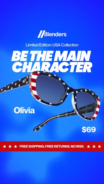 Image ad for Blenders sunglasses featuring the Olivia model, which is a limited edition model from the USA collection.