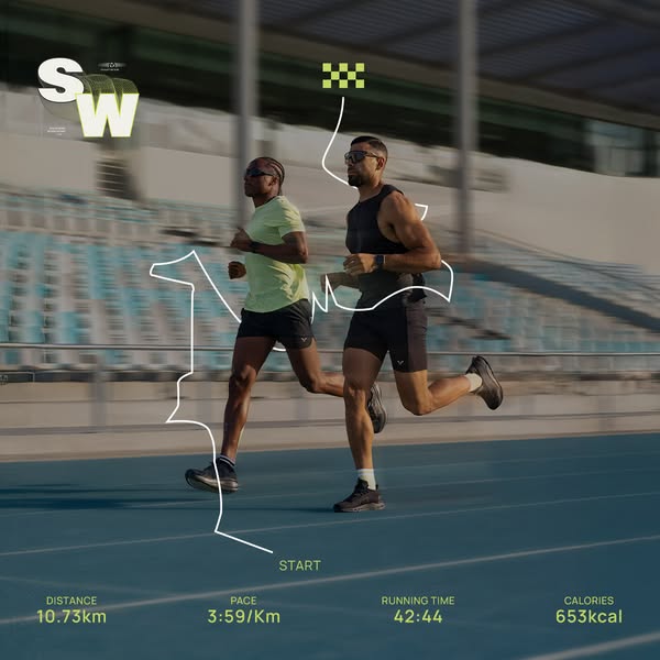This ad features two runners on a track. The ad visualizes running stats such as distance, pace, running time, and calor