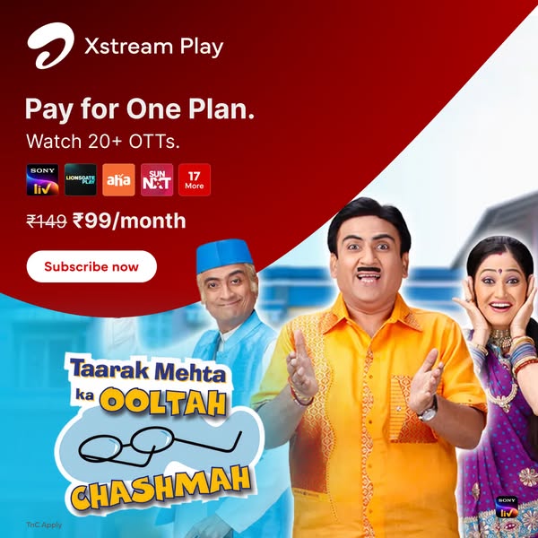 This image ad promotes Xstream Play, highlighting that users can pay for one plan and watch 20+ OTTs, with visible logos