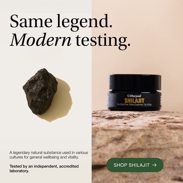 This ad uses a split-screen format to compare a raw Shilajit resin rock to the Life Cykel Shilajit resin, communicating 