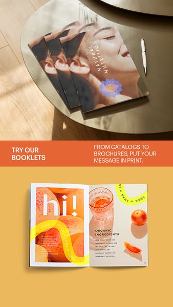 The ad promotes print marketing materials, specifically catalogs and booklets. It shows examples of the client's wor