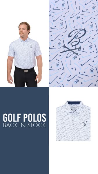 This ad features a man wearing one of the client's golf polos in a photo, along with a product shot and close-up of 