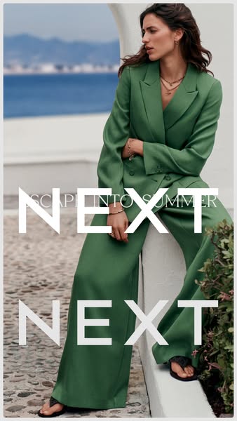 This ad features a woman modeling a green pantsuit in front of a scenic view. The text overlays suggest that this brand 
