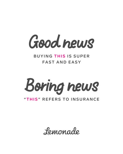 This image ad for Lemonade Insurance uses a before and after approach, highlighting the speed and ease of buying insuran