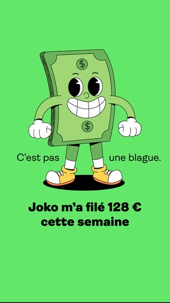 This ad features a cartoon dollar bill character and text in French that translates to "This is not a joke. Joko ga