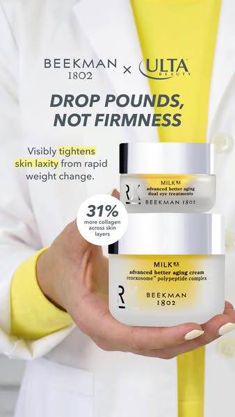 This image ad for Beekman 1802 promotes the Milk Rx advanced better aging cream and dual eye treatment for visibly tight
