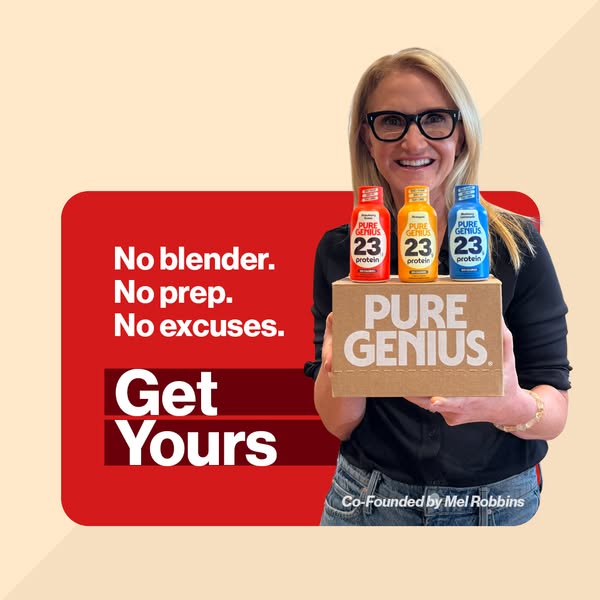 This ad features the Pure Genius protein drink. It shows a woman holding a box of the product. She points out that the d