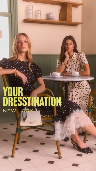 This ad for New Look features two women seated at a table, showcasing the brand's polka dot dresses. The ad aims to 