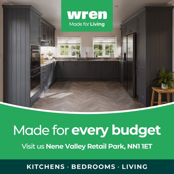 This image ad for Wren promotes their kitchens, bedrooms, and living products and highlights that their products are mad