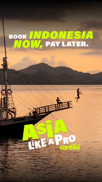 This image ad for Contiki promotes travel to Indonesia with a booking incentive. The ad features a visually appealing sc