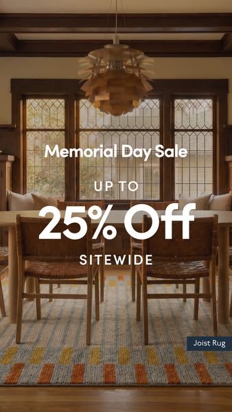 This image ad from Joist Rug promotes their Memorial Day Sale with up to 25% off sitewide. The ad features a rug in a di