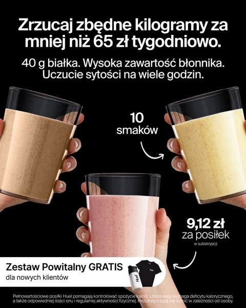 This ad for Huel meal replacement highlights the product's nutritional benefits for weight loss, the variety of flav