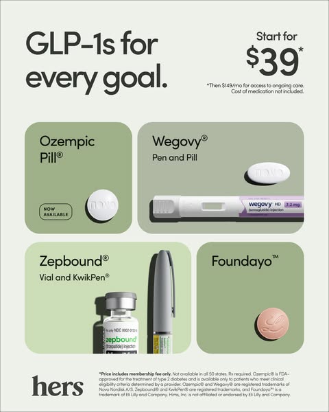 This image ad from Hers promotes GLP-1 medications like Ozempic, Wegovy, Zepbound, and Foundayo for a variety of health 