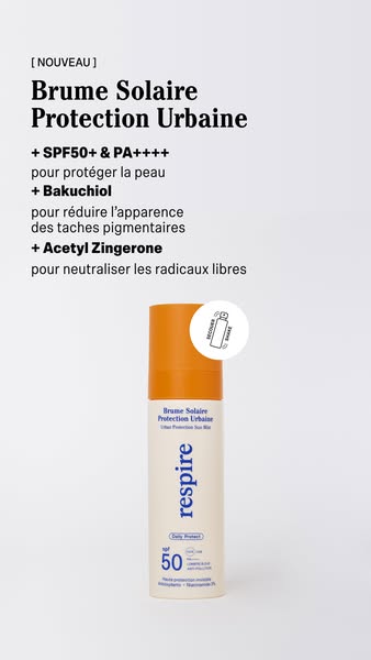 This image ad showcases Respire's Brume Solaire Protection Urbaine sunscreen spray. The ad highlights the product