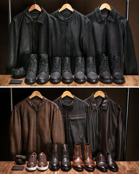 A product showcase ad featuring a variety of leather jackets and boots. The ad highlights the diverse range of styles an