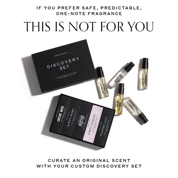 This ad for Heretic Parfum uses high-quality product photography to show a fragrance discovery set. The ad copy suggests
