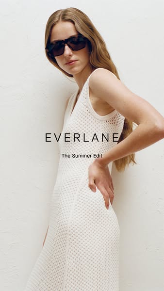 This image ad for Everlane features a woman wearing a knit dress from their 'Summer Edit' collection. The ad foc