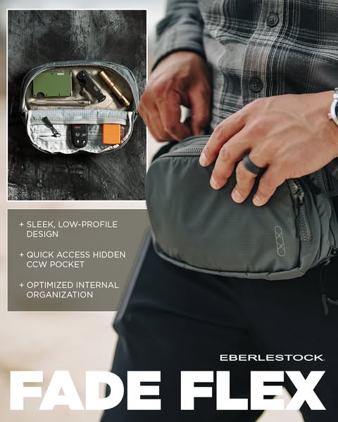 This image ad shows the Eberlestock Fade Flex bag and promotes its sleek design, hidden CCW pocket, and optimized intern