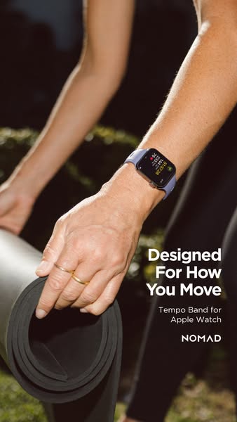 An image ad for Nomad's Tempo Band for Apple Watch. The ad focuses on the band's functionality and style for peo