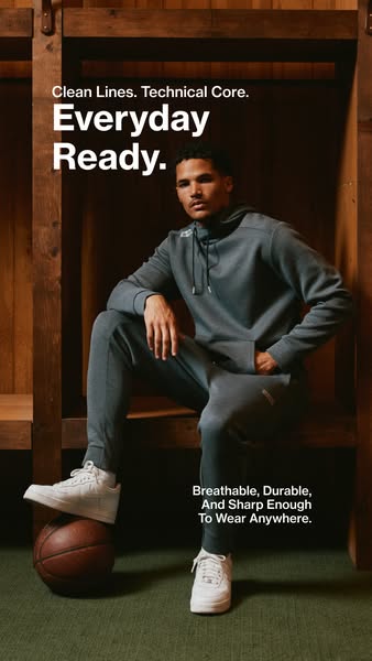 This ad showcases a man wearing a matching hoodie and sweatpants set. The ad highlights the comfort and versatility of t