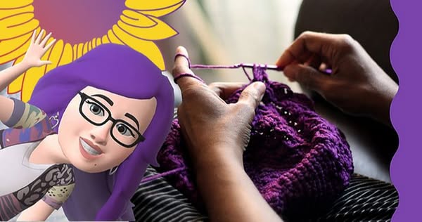 This image ad features a cartoon avatar of a woman with purple hair and glasses next to a close-up of a person crochetin