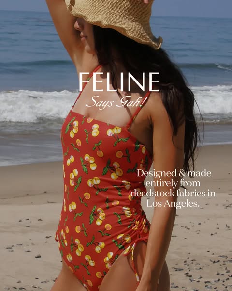 A photo of a woman in a swimsuit on a beach, advertising a sustainable fashion brand.