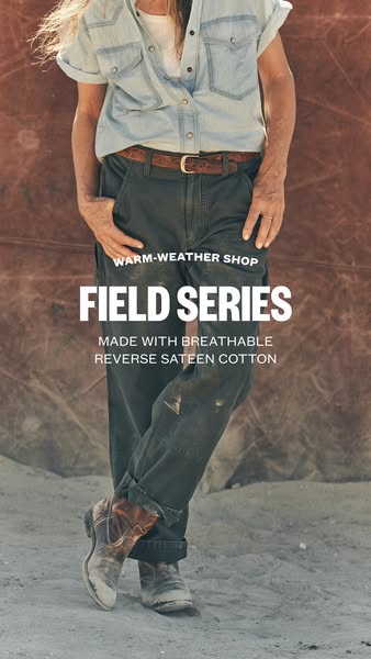 This ad features a full-body shot of someone wearing durable pants with a description of the material.