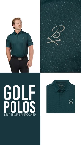 This ad features a grid layout promoting golf polos. It includes a photo of a man wearing one of the brand's golf po