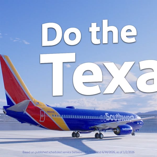 This ad showcases a Southwest Airlines plane on the tarmac with copy that reads, "Do the Texas thing". The ad 