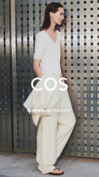 A vertical image ad featuring a model wearing COS clothing. The ad highlights the brand's Summer in the City collect
