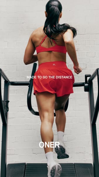 This image ad features an athletic woman using a self-propelled treadmill. The ad is highlighting the 'Oner' bra