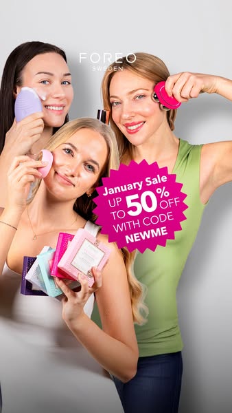 This ad features three women using Foreo products. The ad promotes a January sale with a discount code.