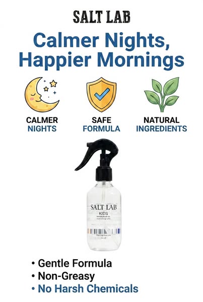 Ad for Salt Lab Kids, featuring their magnesium oil. It emphasizes the gentle formula, non-greasy feel, and lack of hars