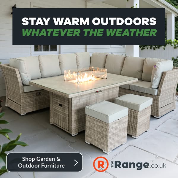 This image ad features an outdoor furniture set complete with a fire pit table and seating. The ad emphasizes the abilit