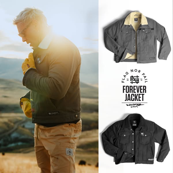 This ad for the Flag Nor Fail Forever Jacket showcases the jacket in a real-world setting, highlighting its style and fu