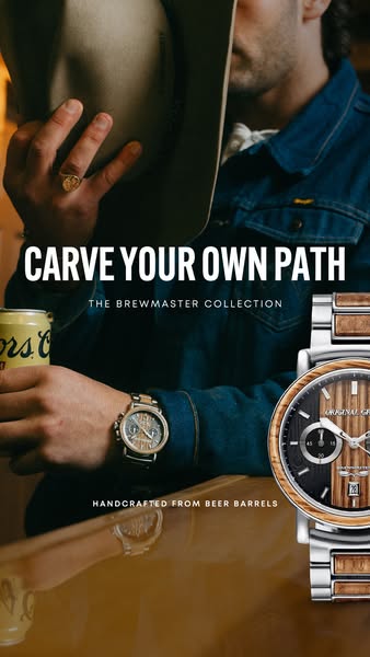 This image ad features a man holding a beer can while wearing a wooden watch, promoting Original Grain's Brewmaster 
