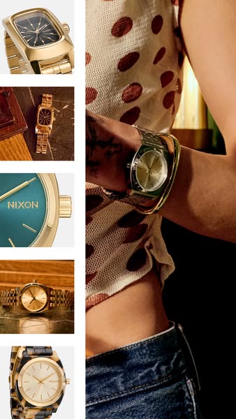 This ad showcases a variety of Nixon watches, highlighting their design and style when worn.