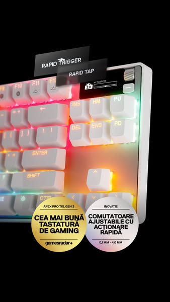 This image highlights the Rapid Trigger and Rapid Tap functions of the Apex Pro TKL Gen 3 gaming keyboard.