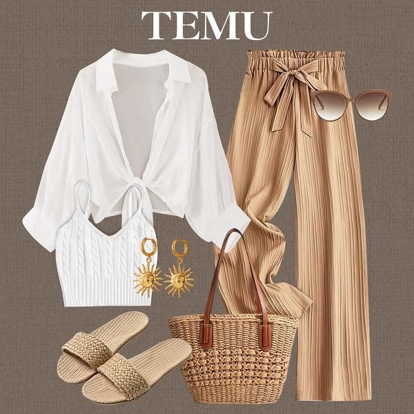 This ad features an outfit including a tied white shirt, a white tank top, tan pleated pants, woven flats, sunglasses, a