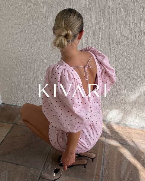 An advertisement for Kivari shows a young woman wearing a pink Kivari dress with brown polka dots.