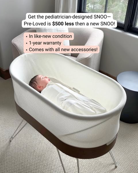 This ad is for a pre-loved SNOO bassinet. It highlights the cost savings of buying used, as well as the like-new conditi