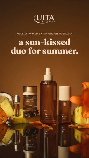 The ad features two tanning products, presented in a studio product shot with tropical fruit and flower elements.