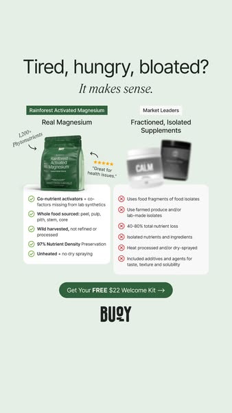 The ad showcases a comparison between BUOY's Rainforest Activated Magnesium and "Market Leaders" Fractione