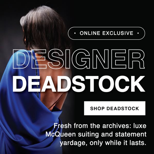 This image ad promotes an online exclusive sale of designer deadstock, specifically luxe McQueen suiting and statement y