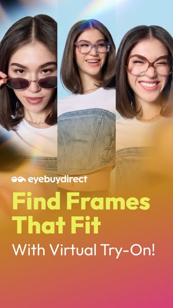 This ad for Eyebuydirect uses a triptych visual structure, showing a woman in three different styles of glasses. The tex