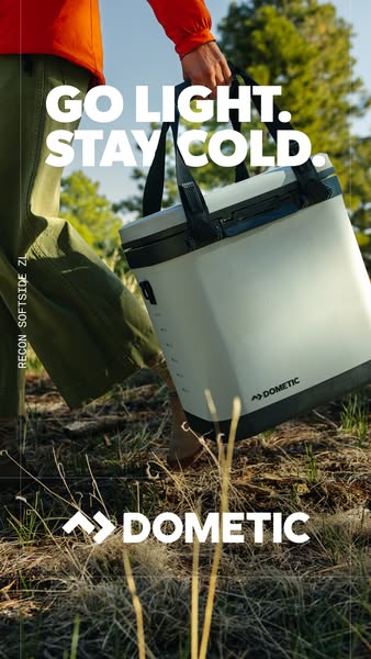 This ad showcases the Dometic Recon Softside ZL cooler being carried outdoors. The ad emphasizes the cooler's lightw
